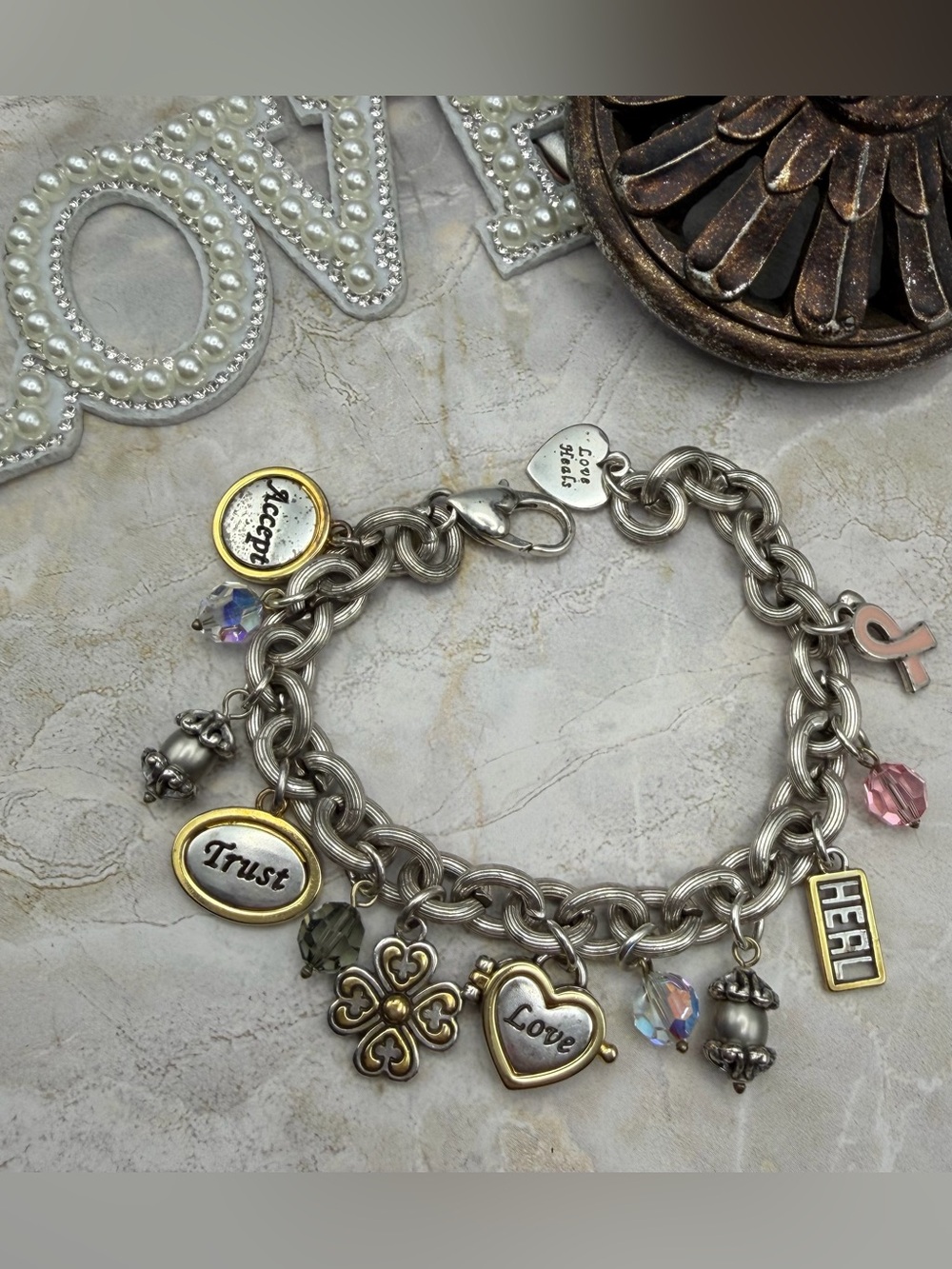 Brighton Power of Pink Two Tone Inspirational Charm Bracelet Retired